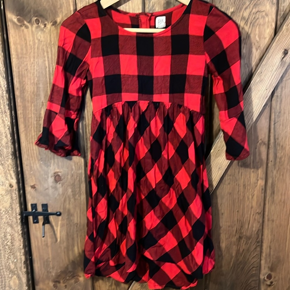 Gap girls size 10 buffalo plaid red and black  bell sleeve dress
